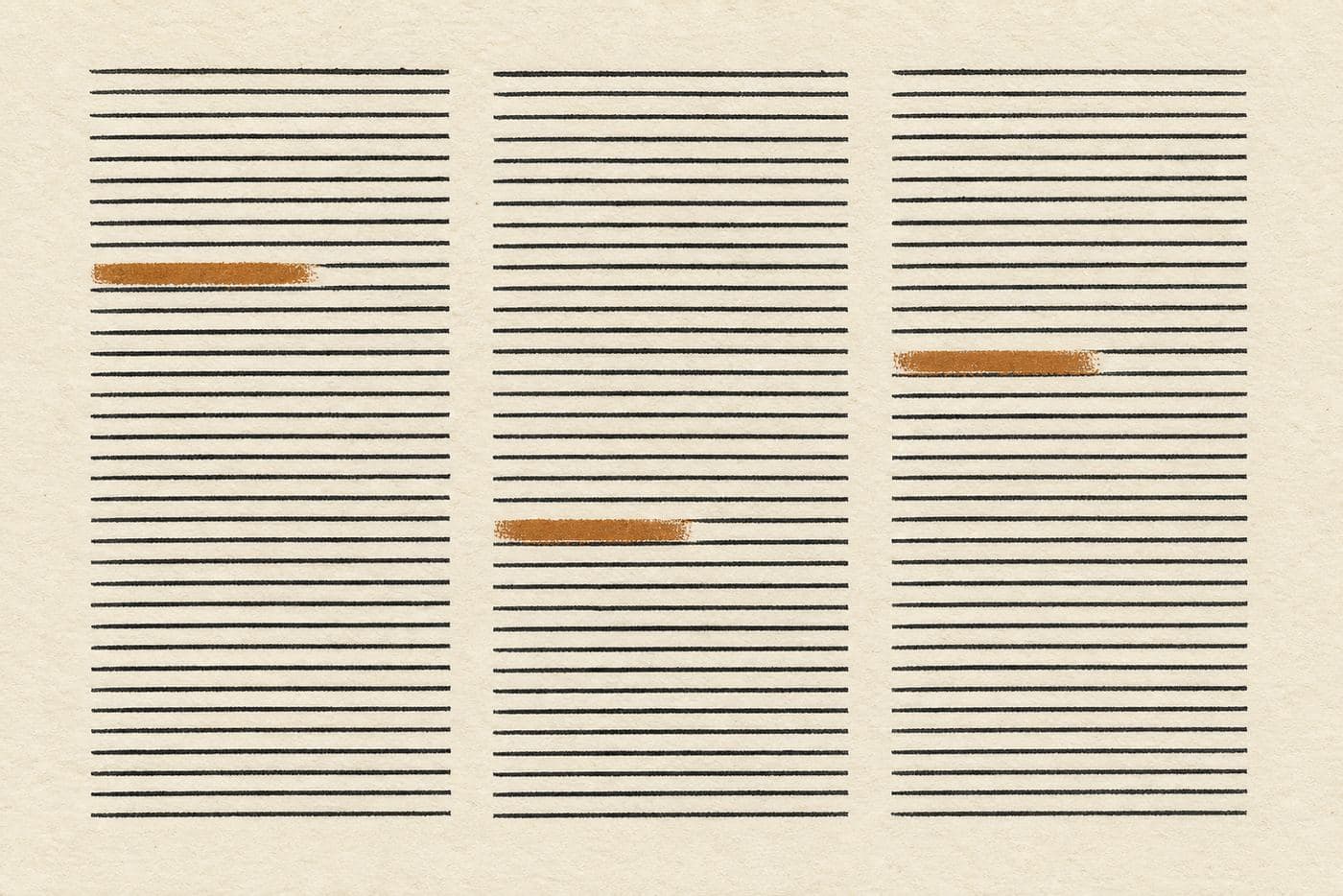 Columns of transcript lines on warm paper, three of them marked in amber