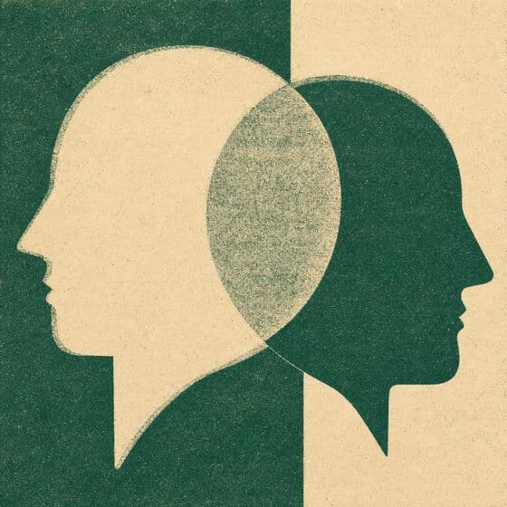 Cover for the first moment: two overlapping profiles printed in green and cream
