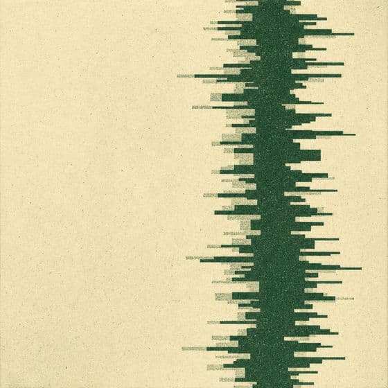 Cover for the second moment: an abstract column of uneven bars printed in green and cream